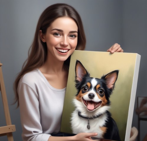 woman holding a canvas with portrait